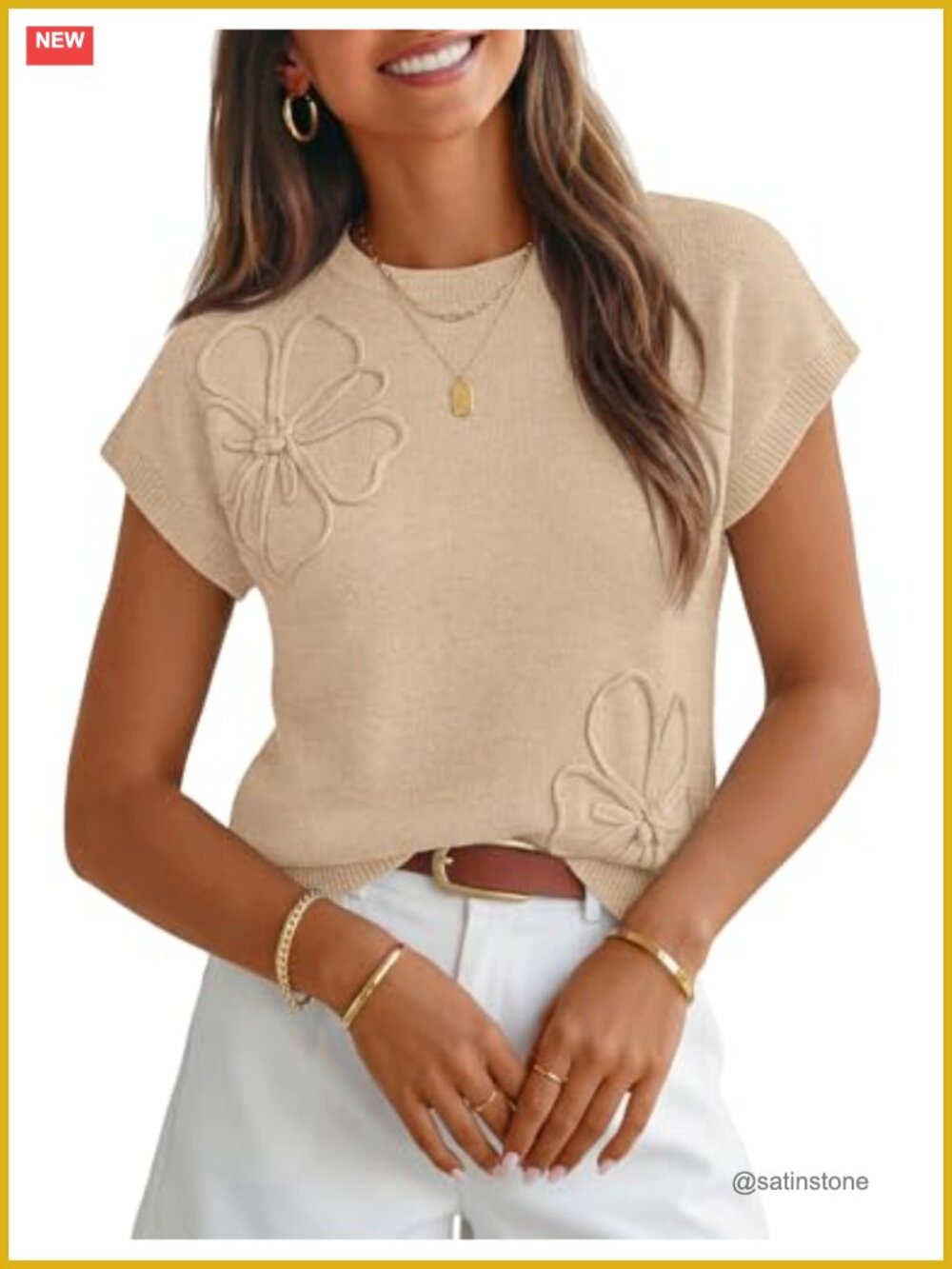 Floral Knit Sweater Vest Cap Sleeve Crew Neck Pullover Top